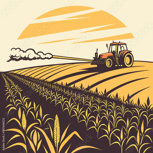 Tractor working in a cornfield at sunset agricultural landscape.