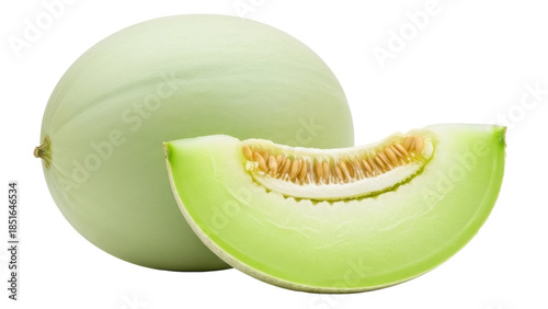 Honeydew melon and slice isolated PNG, fresh green fruit with seeds on transparent background, healthy eating and summer dessert