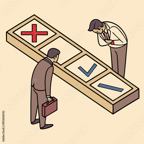 Two businessmen contemplating a large calculator with various symbols.