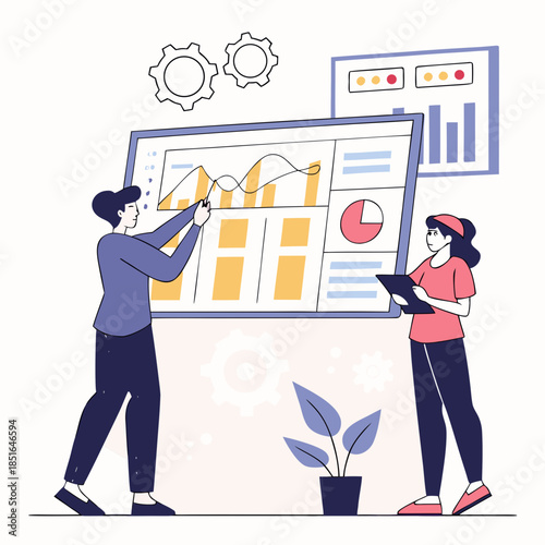Two people analyzing data on a large screen with charts and graphs 1.