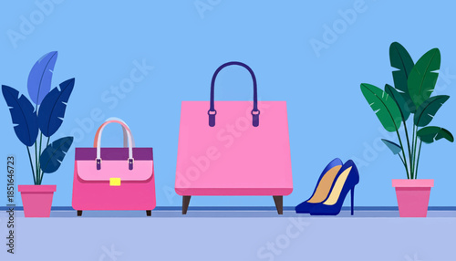 Pink handbags, navy heels, and potted plants on a light blue backdrop showcase a minimalistic, fashion-themed design