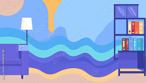 Graphic art of a room with a couch, lamp, stylized waves, and bookshelf in a simplified, cartoon-like style