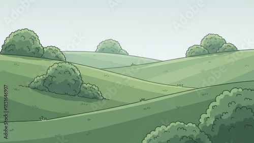 Rolling Green Hills with Cartoon Bushes under Overcast Sky in Rural Landscape Illustration