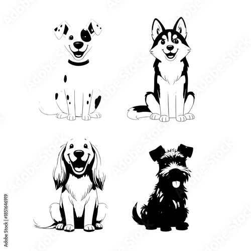 Four cute cartoon dogs sitting, including Dalmatian, Husky, Beagle