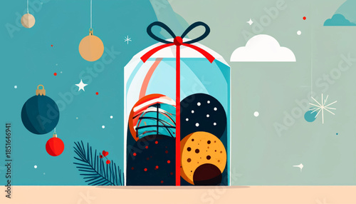 Graphic gift box filled with patterned sphere shapes, hanging ornaments on a pastel backdrop, whimsical holiday mood