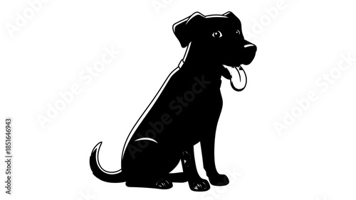 Black silhouette of a happy dog sitting with tongue out