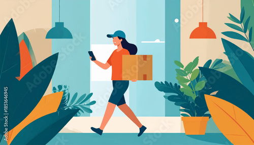 Illustration of a woman delivering a package while using a phone, surrounded by stylized plants and lamps