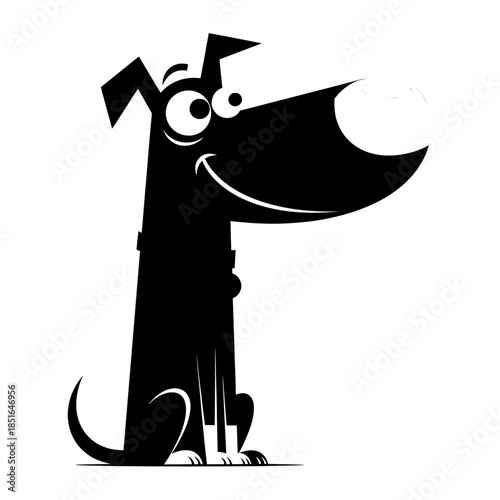 Funny tall black dog cartoon with huge snout and wide eyes
