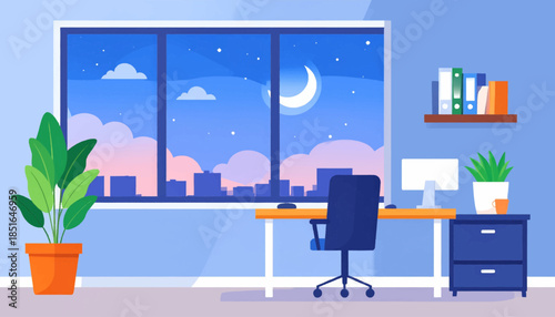 Home office illustration with desk, computer, plant and a cityscape visible through a window at night