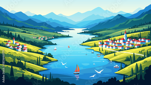 Idyllic European Village Nestled Beside a Serene Lake with Majestic Mountains in the Background