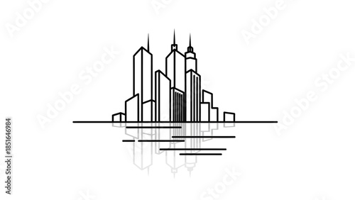 Minimalist Line Art Cityscape with Reflection.