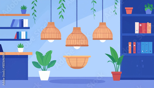 Home office illustration with plants, rattan light fixtures, desk, and bookcase, rendered in a flat cartoon style