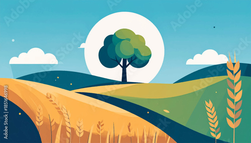 Landscape illustration of wheat field, rolling hills and tree against large white sun