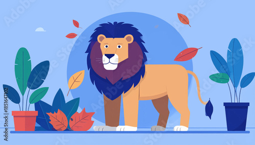 Graphic illustration of a lion standing among potted plants on a light blue background with falling leaves