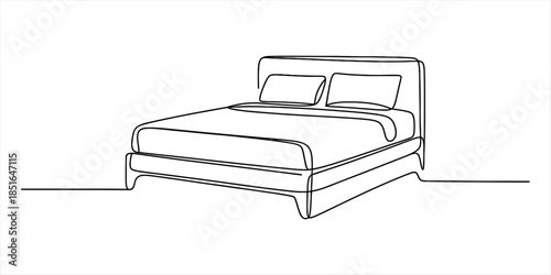 Continuous single line drawing of a bed with pillows and bedding on a white background Vector, illustration
