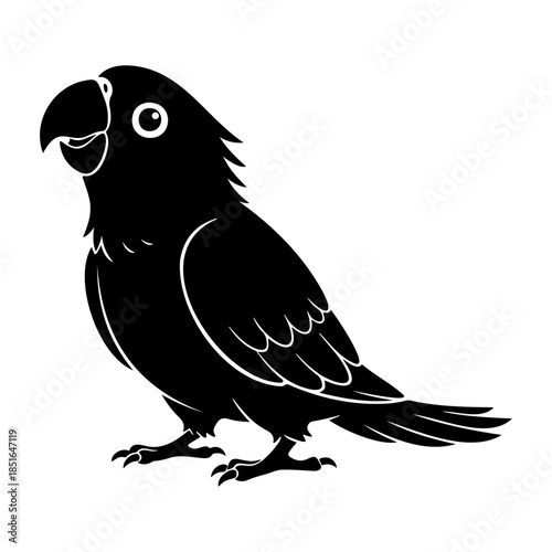 Alert parrot silhouette leaning forward in attentive pose, clean vector style isolated on white background.