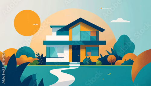 Graphic illustration of a modern home with yard, trees, & orange sun in a minimal color scheme