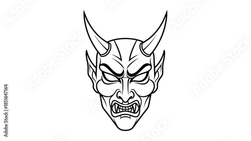 Scary Demon Face with Horns and Fangs Illustration.