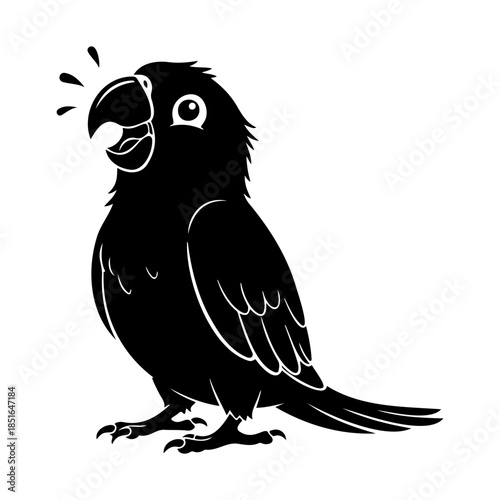 Happy parrot silhouette sitting and chirping cheerfully, clean black vector isolated on white.