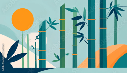 Graphic illustration of bamboo stalks and leaves, with an orange sun and stylized landscape in pastel colors