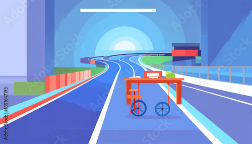 Graphic illustration of an orange desk on wheels on a blue road towards a light source