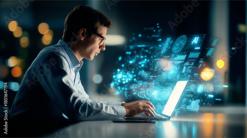 A professional person working on a laptop, surrounded by futuristic technology and data visualization, indicating innovation and digital transformation