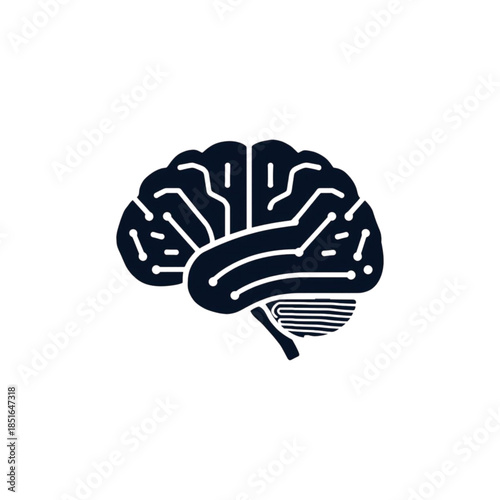A clean minimalist black AI brain icon featuring a circuit-inspired silhouette in flat modern style. Ideal for artificial intelligence themes, automation tools, tech startups, dashboards, apps