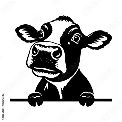 Sniffing cow silhouette peeking up with curious nose expression, playful black vector on white.