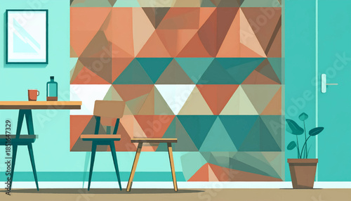 Geometric wall art decorates this room with a table, mug, bottle, chairs, door, and potted plant in muted colors