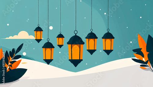 Lanterns hang above a stylized winter landscape with plants against a light blue sky with abstract snow