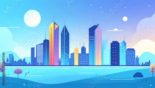 Stylized cityscape under a light blue sky, featuring colorful buildings and serene water reflections