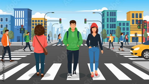 City street scene with pedestrians crossing the road at a crosswalk, bustling urban environment with traffic lights and buildings