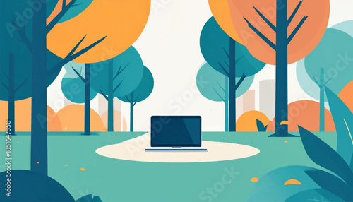 Laptop in stylized park with trees, distant buildings, teal and orange color scheme, cartoonish feel