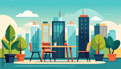 Stylized cityscape vista from a rooftop patio with table, chairs, and potted plants in pastel hues