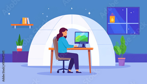 Illustration of a woman working at a desk in a bright, modern room at night under starry sky