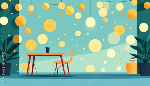 Playful, warm interior with light blue wall, glowing orbs, table, chair, and potted plants