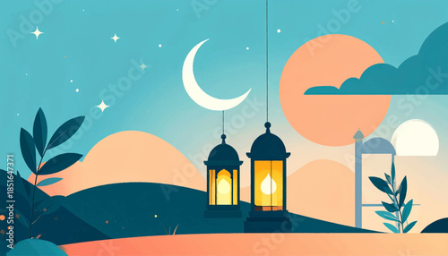 Lanterns hang in the serene night under a crescent moon, with soft hills and plants forming a tranquil scene
