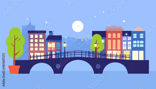 Stylized cityscape with a bridge and buildings at night, under a clear sky with stars and clock