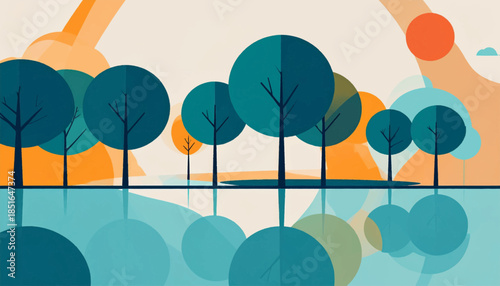 Graphic landscape with stylized trees and water reflection in teal, orange, and cream color palette