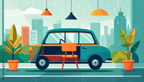 Stylized cityscape with a retro car and chair under pendant lamps in the rain