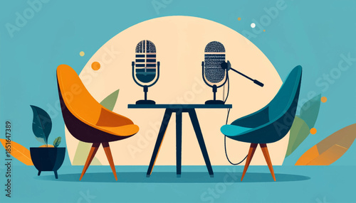 Podcast setup Two microphones on a table, flanked by orange and teal chairs, against a round off-white background