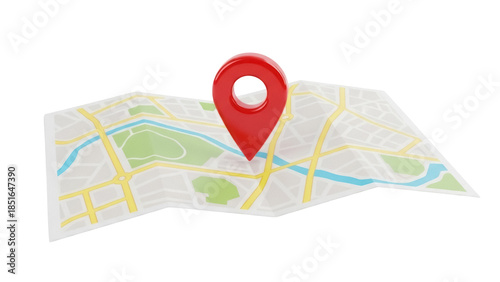Red map pointer on city map isolated PNG, location pin icon for navigation and travel planning on transparent background