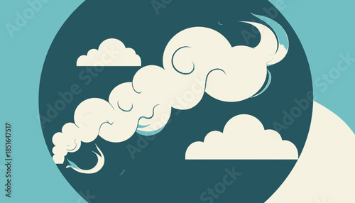 Stylized clouds drift within a circular shape against a serene teal backdrop, graphic and calming
