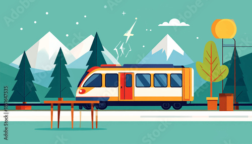 Graphic scene featuring a train passing through a landscape of mountains and trees