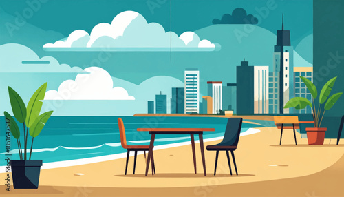 Stylized coastal scene with cityscape, beachside table, plants and bright teal sky