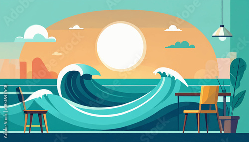 Stylized coastal scene with ocean waves, seating, plants, and a minimalist sunset in pastel tones
