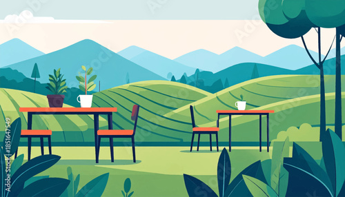 Graphic scene of tables and chairs, set against rolling hills in the background