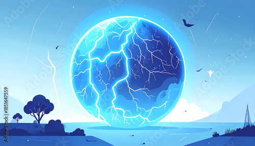 Light-blue vector landscape of a powerful electric orb over sea, trees, and birds in the sky