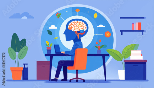 Graphic shows a person at a desk, laptop, with brain depicted, plants, shelves, and objects on a light blue background