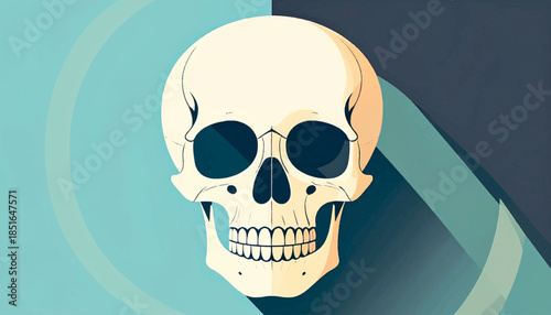 Graphic skull design with turquoise/navy backdrop and geometric shadows